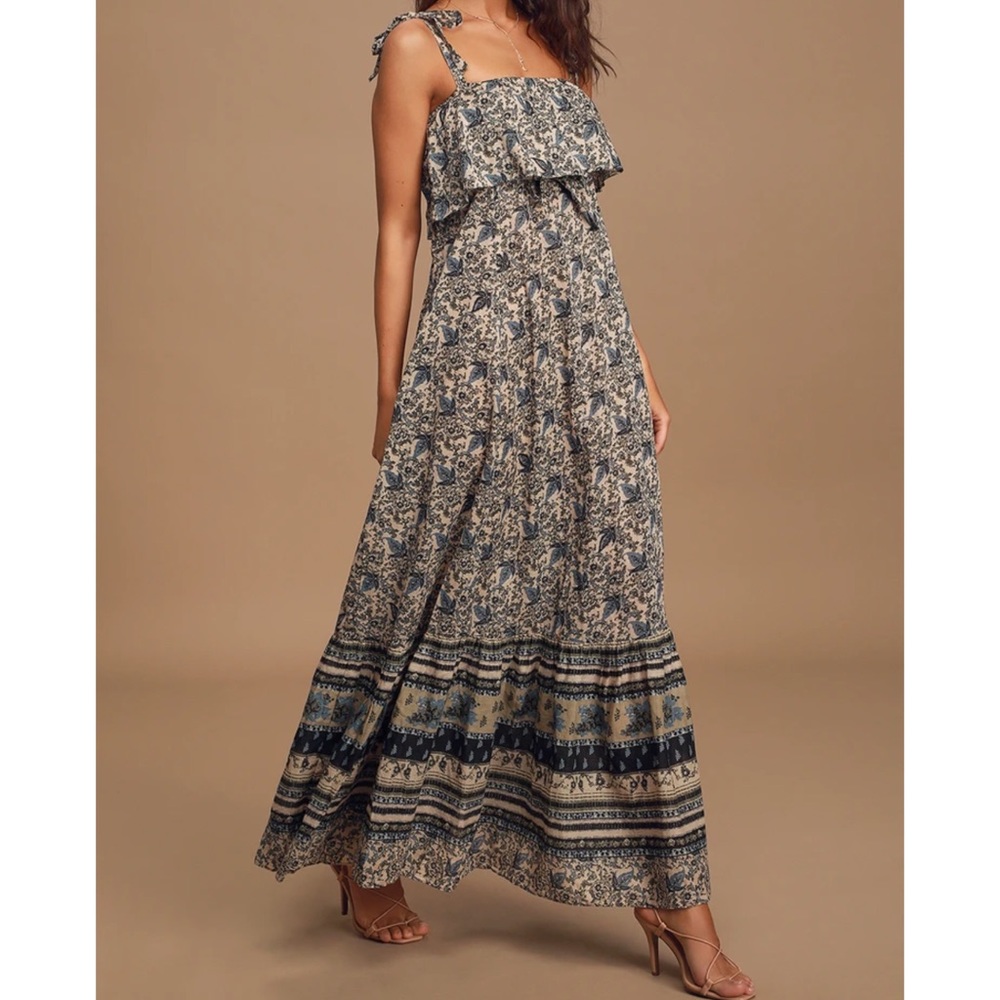 Free People Tangier Babydoll Beige Multi Print Tie-Strap Midi Dress